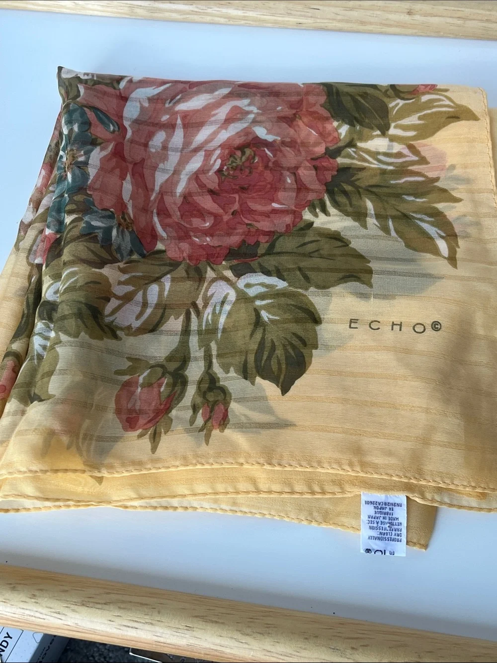 Vintage Echo Silk Scarf Sheer Floral Yellow 34x36 Cottagecore Romantic Square